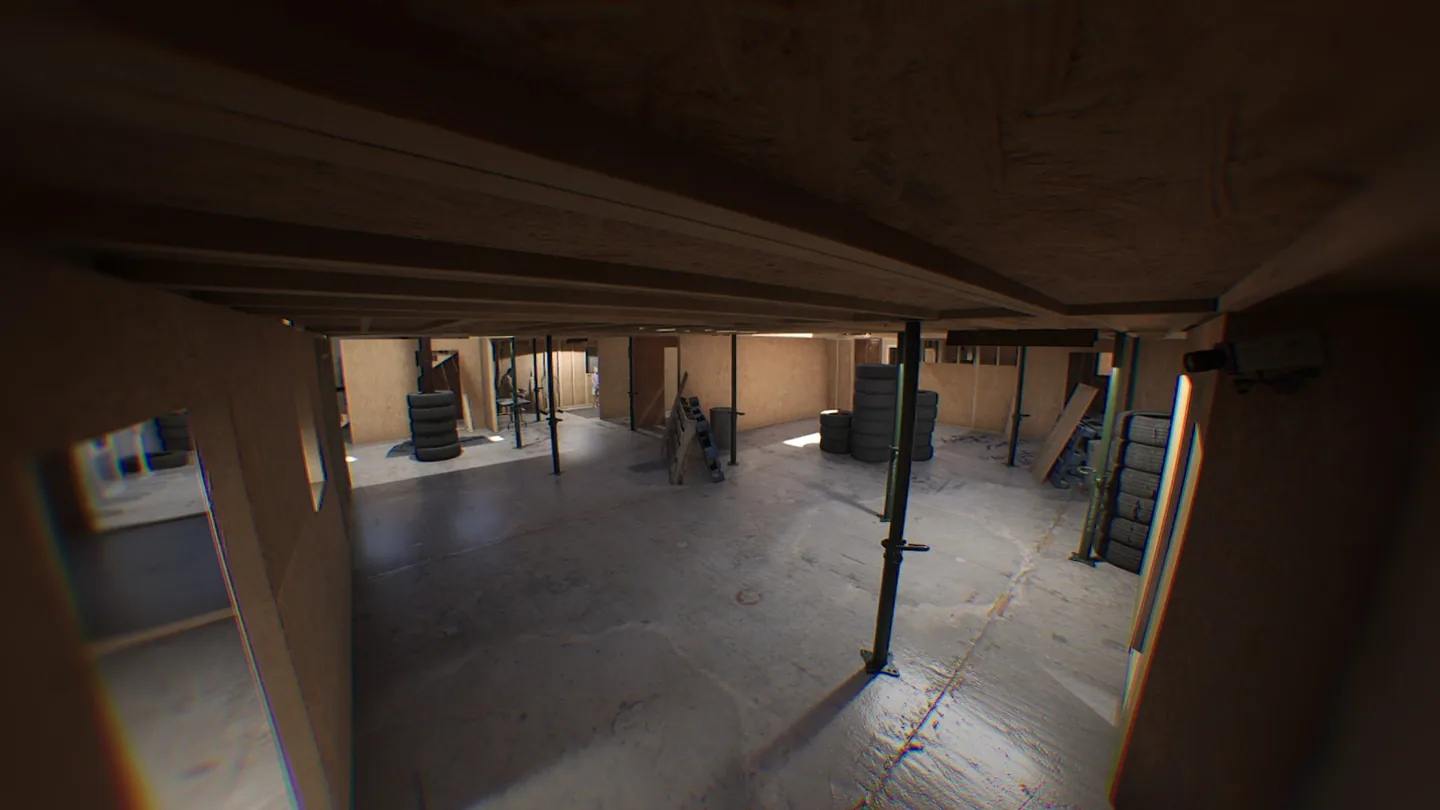 Ground-floor passages beneath the walkways.
