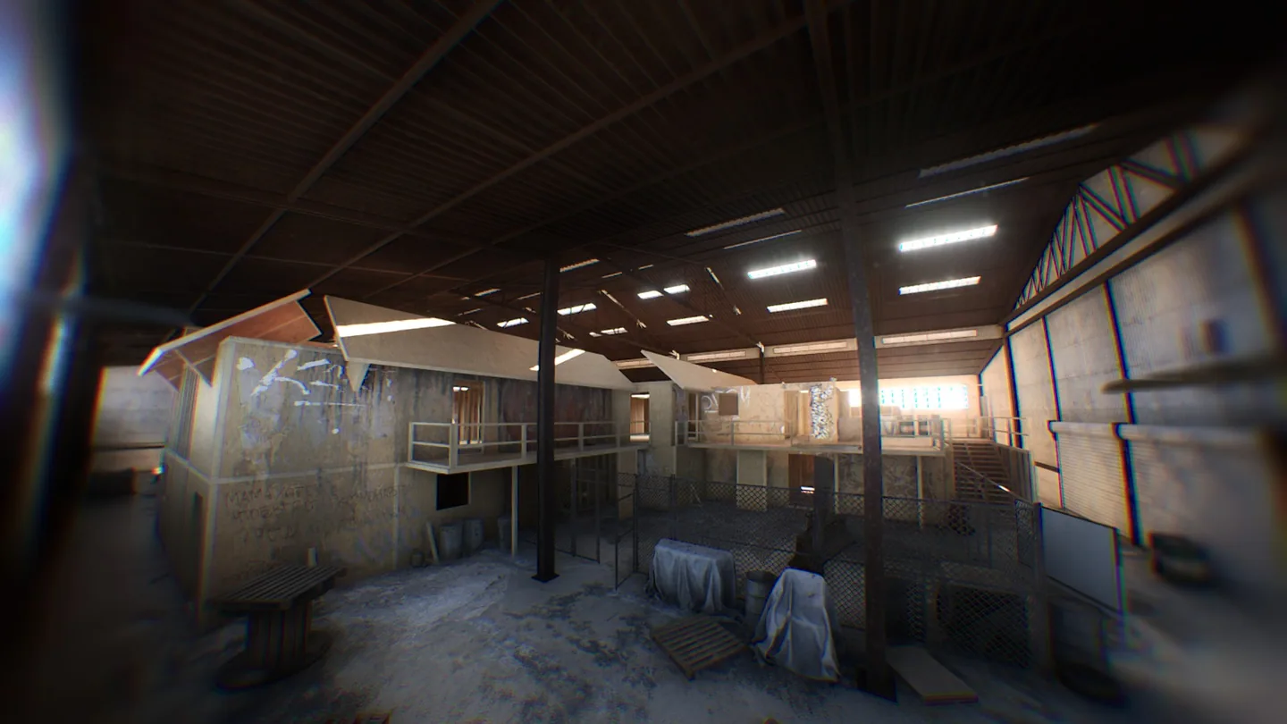 The two-storey training house inside the warehouse.
