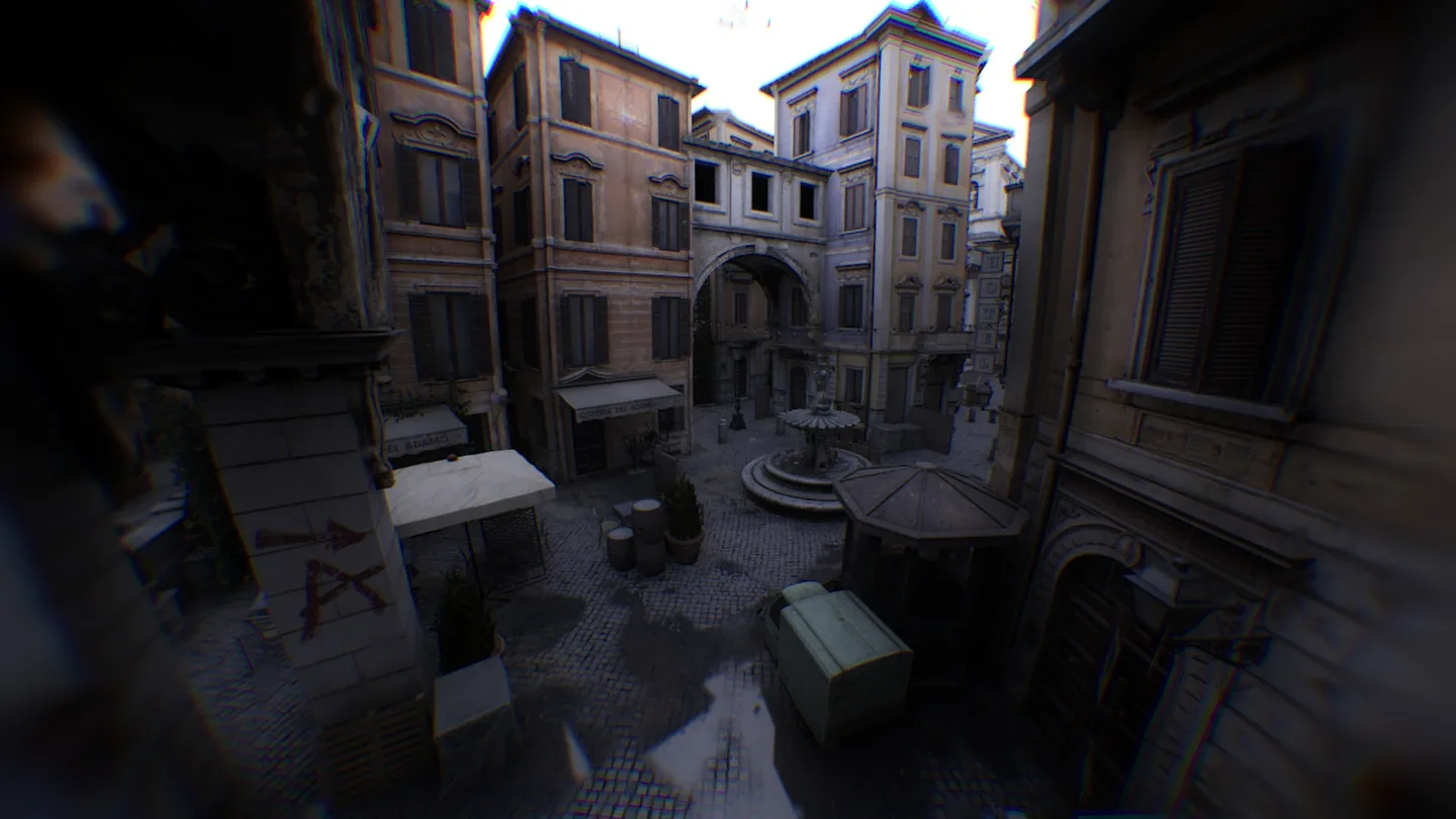 The central courtyard, fountain, and surrounding buildings.