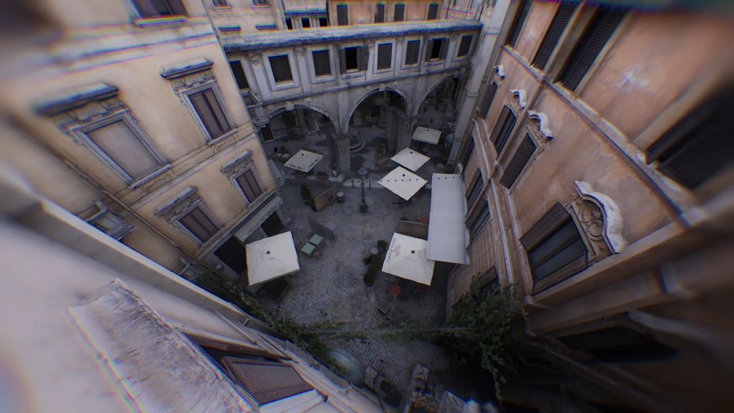 A view down into the courtyard and its cafe seating.