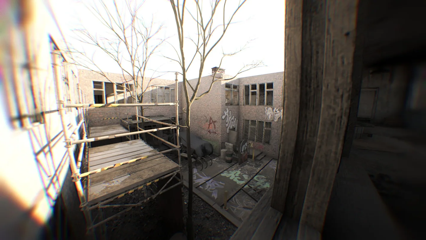 The courtyard and scaffolding outside Russian Building.