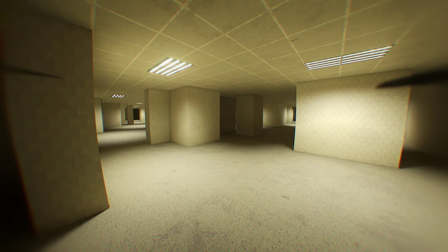 Repeating walls and fluorescent lights in The Backrooms.