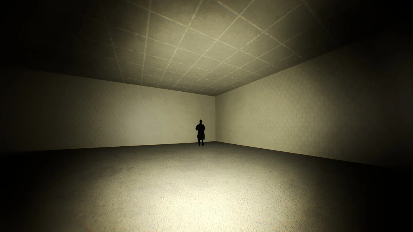 A figure in a larger room within The Backrooms.