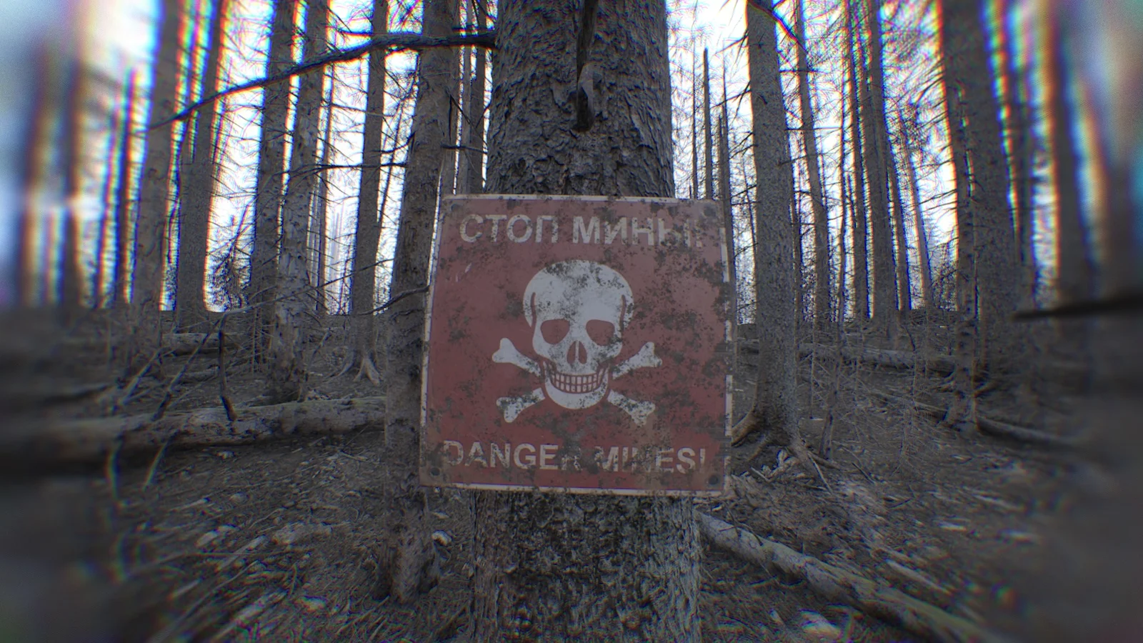 Mine warning signs mark lethal boundaries in the woodland. Crossing them triggers an explosion that kills the player.