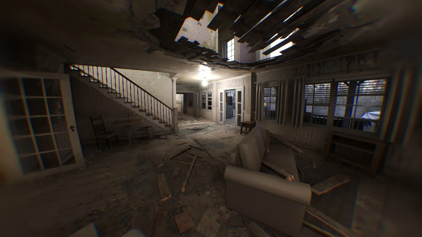 The main staircase and broken upper floor.
